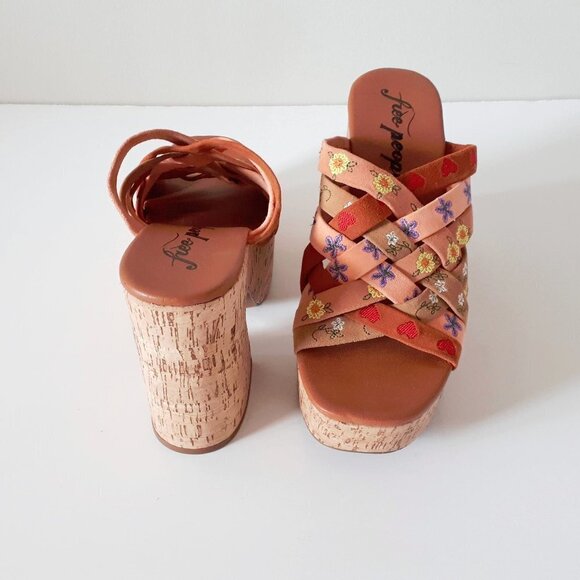 NWOT Free People leather suede floral embroidered strap cork platform mules - Picture 11 of 12